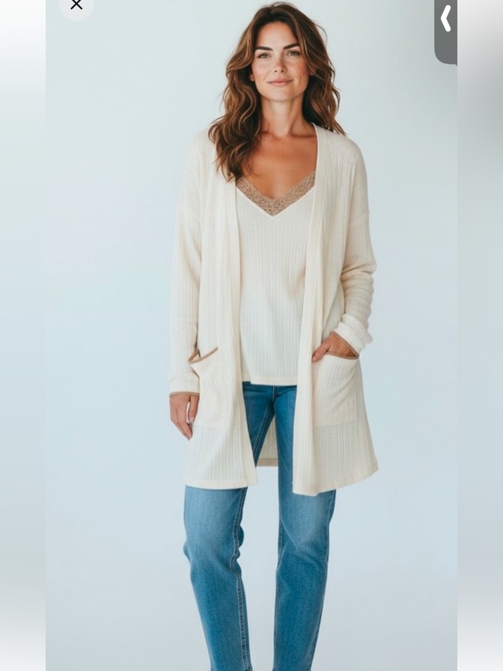 Blu Pepper 2 pc Cream Open-Front Lightweight Cardigan/cami set with Pocket Trim